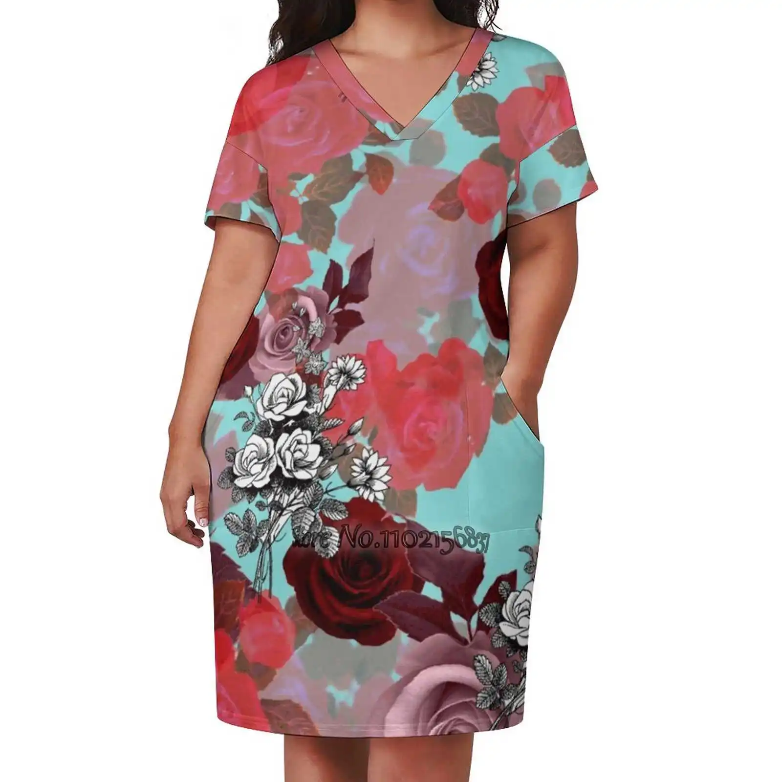 Rosen'Rose # Giftoriginal moda sukienka typu Street luźna dekolt z krótkim rękawem spódnica w stylu Casual, imprezowa spódnica 5Xl róże kwiaty Flora natura