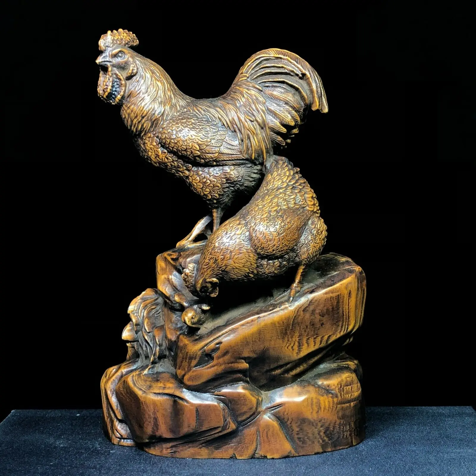 Chinese Old Boxwood Collectible Rooster & Hen Vintage Ornament Statue