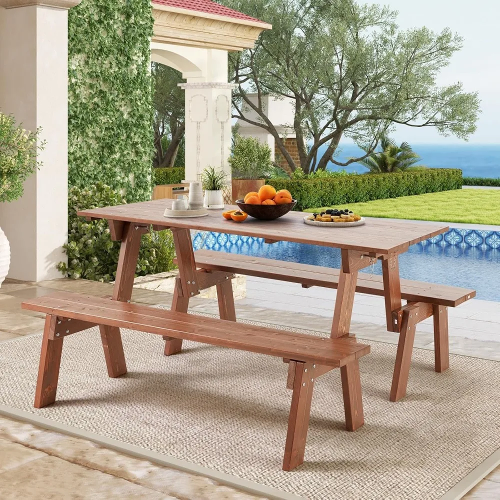 طقم طاولة نزهة قابل للتحويل في الهواء الطلق، أثاث حديقة خشبي 2 في 1 للفناء الخلفي والشرفة والفناء