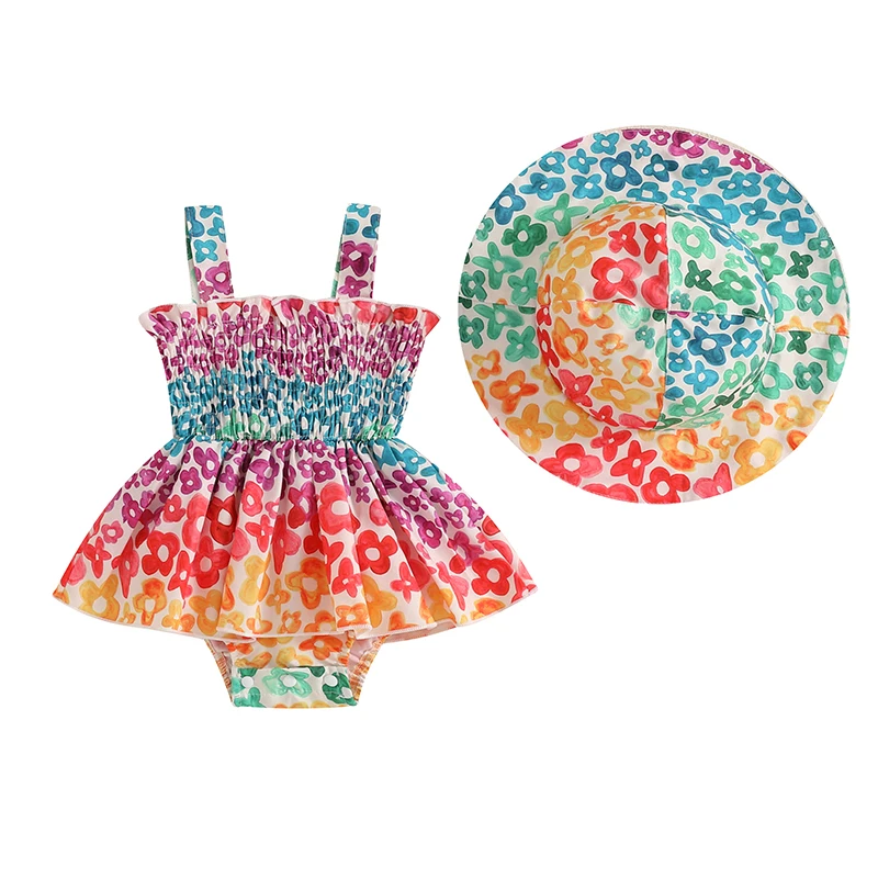 

Baby Girl Summer Clothes Floral Rainbow Stripe Print Sleeveless Romper Dress with Hat Set