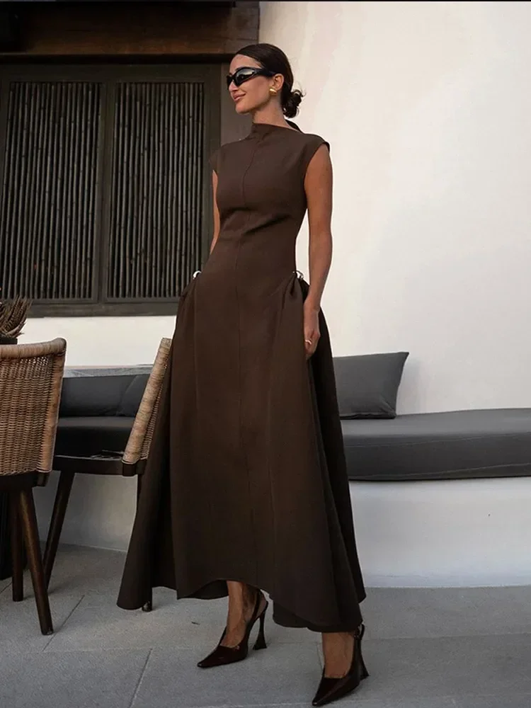 Elegant Lady Slanted Collar Solid Pleated Long Dress Fashion Sleeveless Slim Loose Hem Dresses Chic Female Evening Party Robes