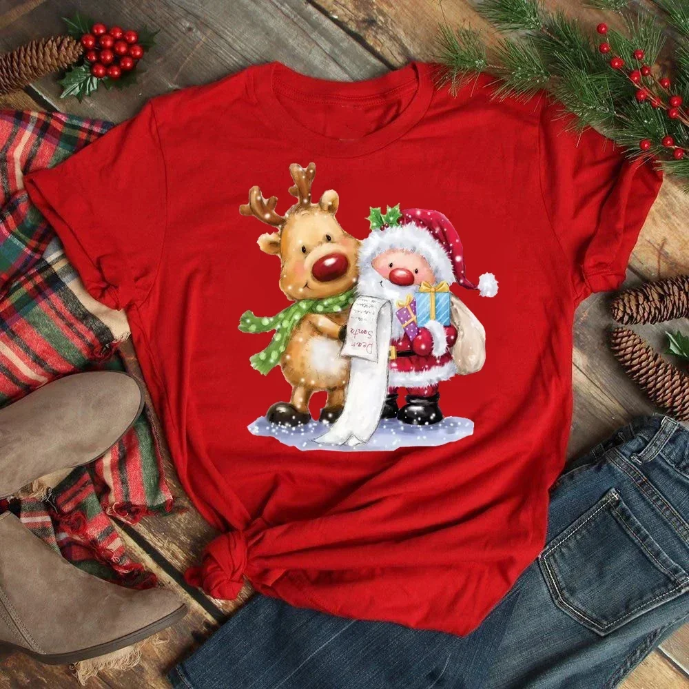 

Feliz Navidad moda mujer Santa Claus con ciervo mujeres Top con cuello redondo niñas ciervo de la suerte camisetas Harajuku