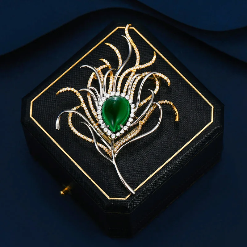 Elegant, Stylish Coat, Coat, Chest Flower, Women'S Emerald Dual Color Electroplated Zircon Inlaid With Peacock Feather Brooch