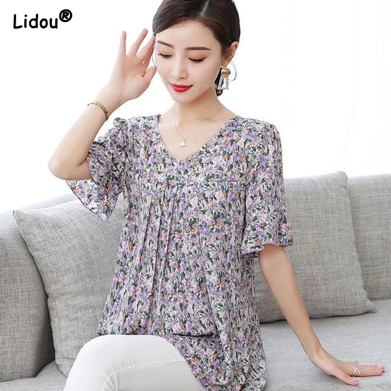 2023 New Women's Clothing Loose Round Neck Floral Elegant Fashion Pullovers Printing Short Sleeve Thin Summer Casual T-Shirts