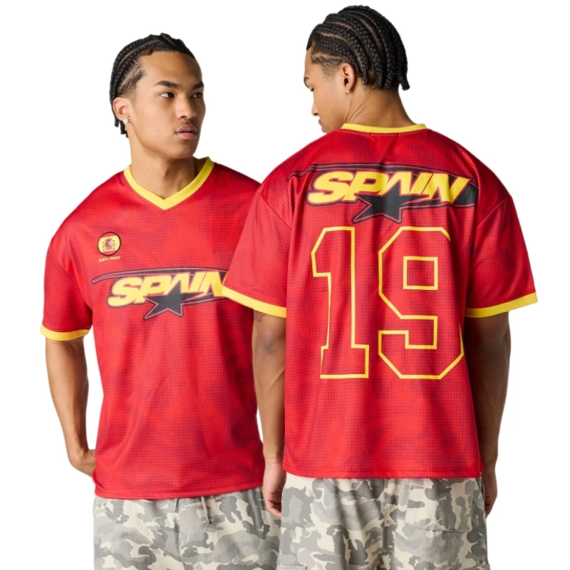 Family Matching Spain Retro Soccer Jersey Red V Neck #19 SPAIN Star Print Breathable Mesh Football Uniform Fan Short Sleeve Top