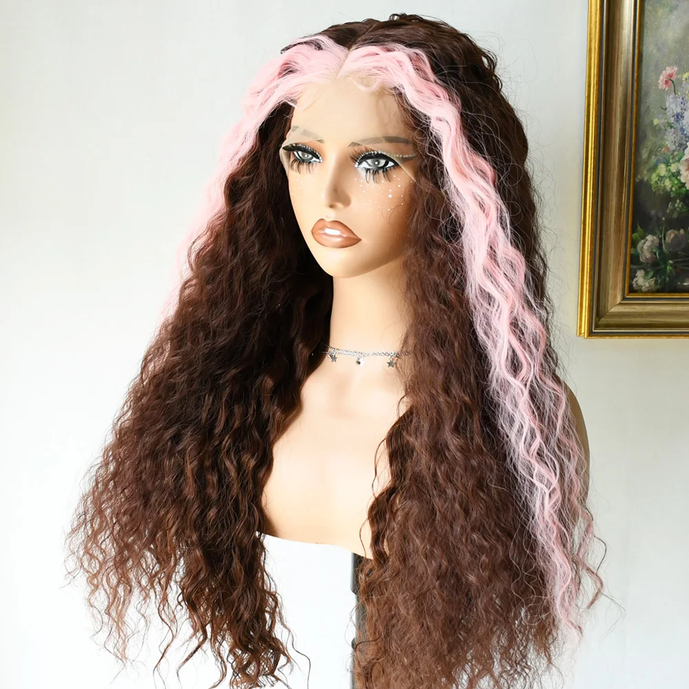 Розовый Выделите Коричневый Парик Прозрачный Кудливый Парик Фронта Шнурка Розовый Коричневый Глубокая Волна 13x4 Hd Парик Фронта Шнурка Синтетический Для Женщин