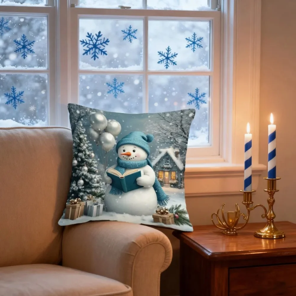 Winter Snowman Pillow Cover 18x18Inches Soft Cotton Square Pillow Case For Christmas Home Decor Cover