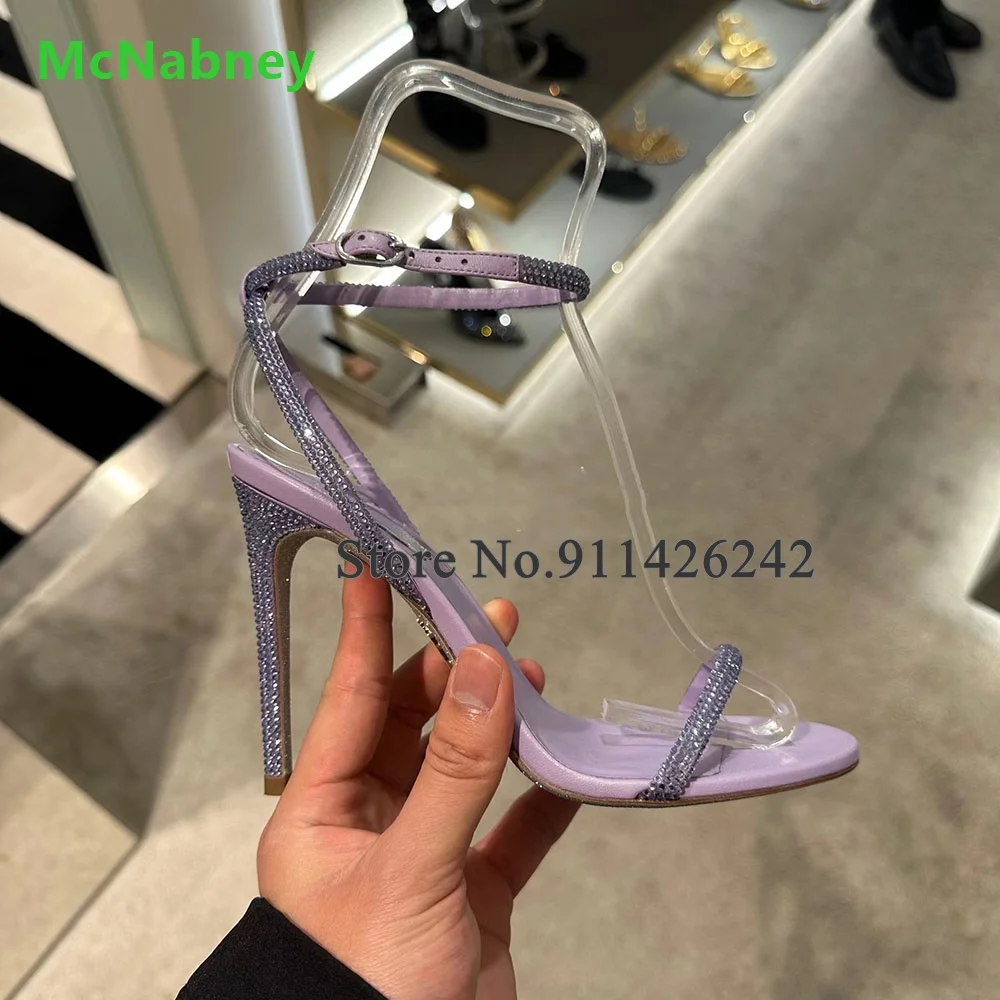 

Purple Crystal Ankle Buckle Strap Sandals For Female Women 2024 New Arrivals Slingback Thin High Heel Dress Fashion Elegant Shoe