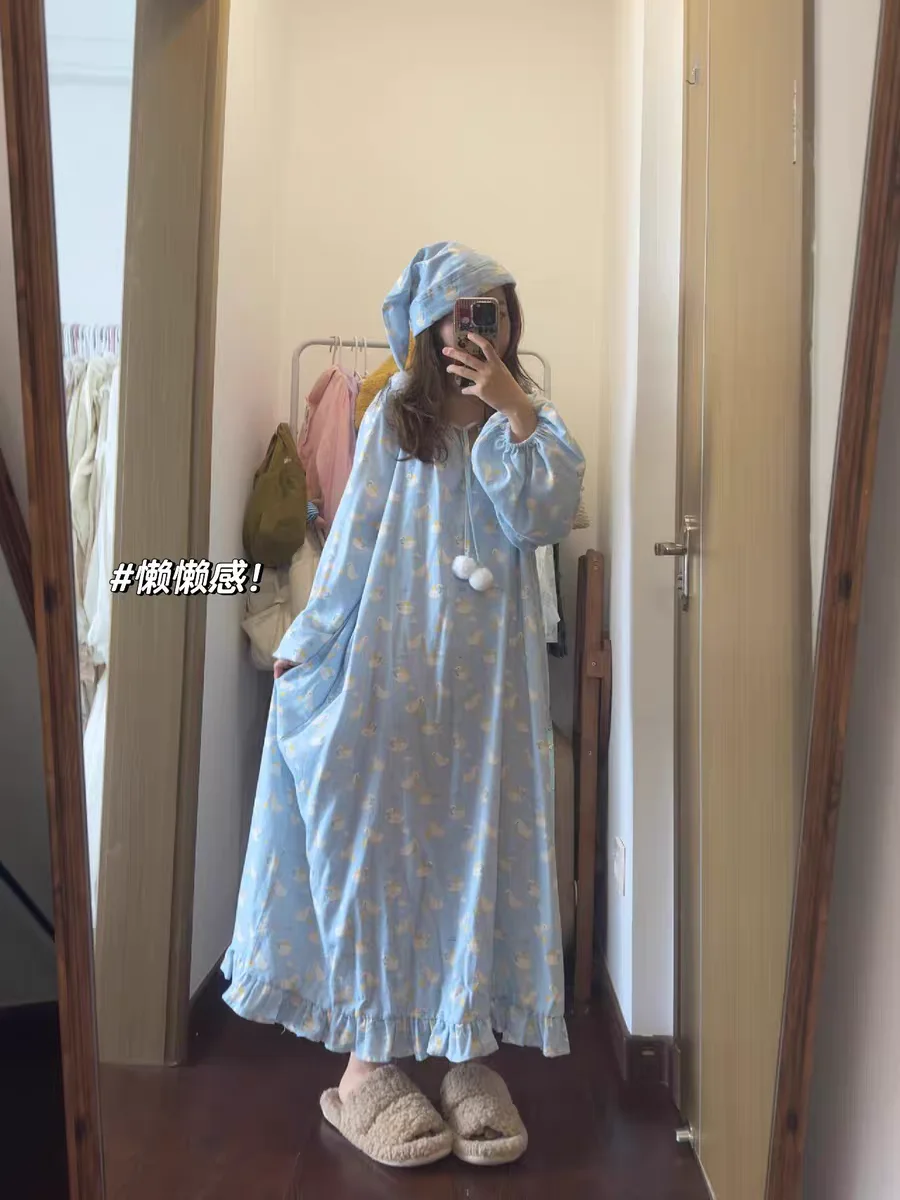 Baju Tidur Wanita Lengan Panjang Wanita Leher Bulat 2XL Set Piyama Ukuran Plus Setelan Pakaian Rumah Manis Motif Kartun Musim Semi Wanita