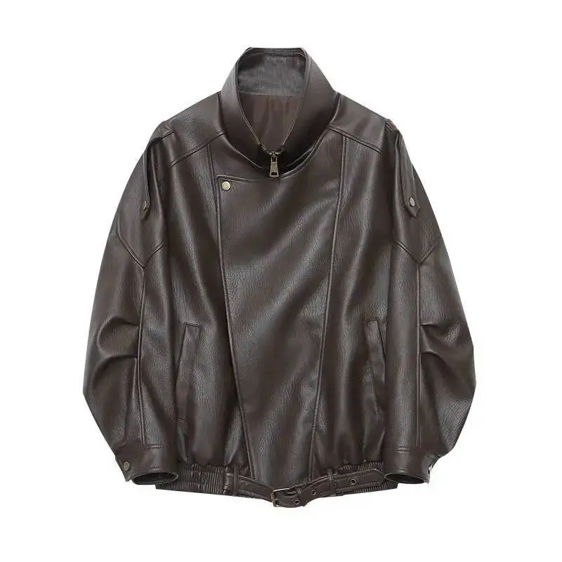 女性用オートバイPUレザージャケット,ダブルネックデザイン,スラントジッパー,ルーズカジュアルコート,春