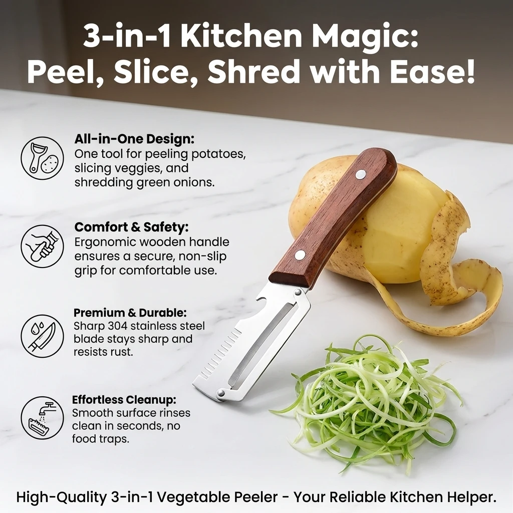 Vegetable Peeler Ergonomic Kitchen Tool for Home Cooks 3-in-1 Stainless Steel Slicer Shredder Potato Scraper Durable Gear