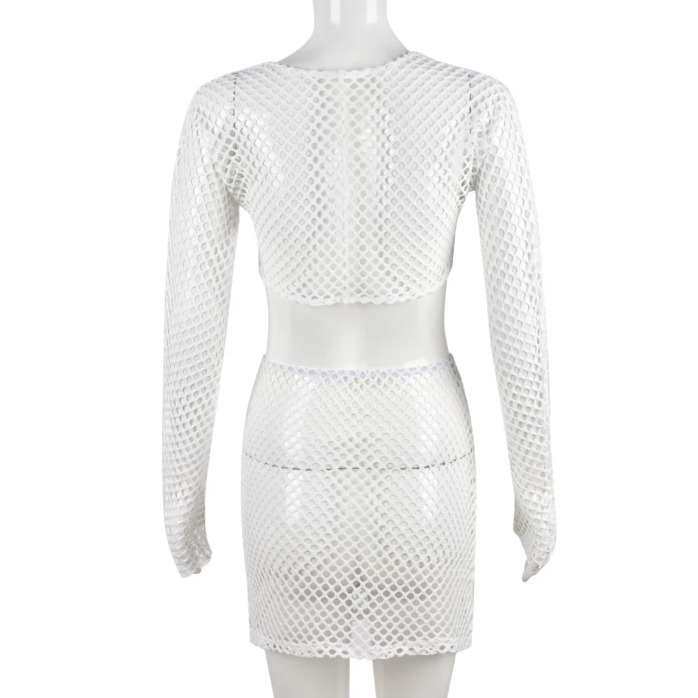 BKLD-Ensemble haut court et jupe en maille pour femme, vêtements sexy, mince, évider, manches longues, à lacets, col en V, tenues deux pièces, automne, nouveau, 2024