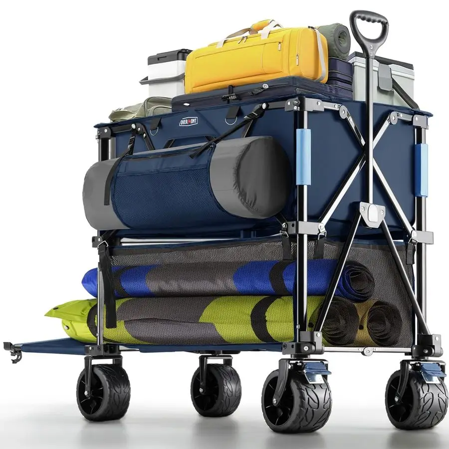 

Складная двухъярусная тележка-вагон 400 л, большая вместимость, с удлинителем на 47 см, внедорожные большие колеса для пляжа