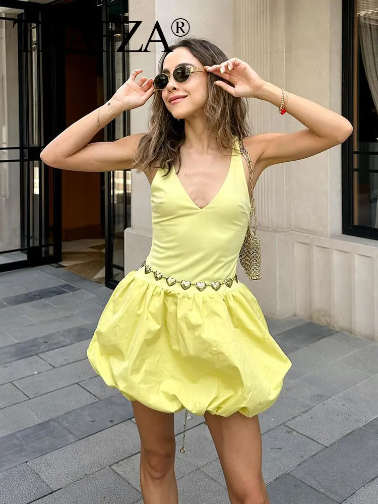 TRAFZA 2024 Summer Women's Dress V Neck Sleeveless Solid Slim Mini Dresses Female Chic Sexy Party Streetwear Pleated Even Dress