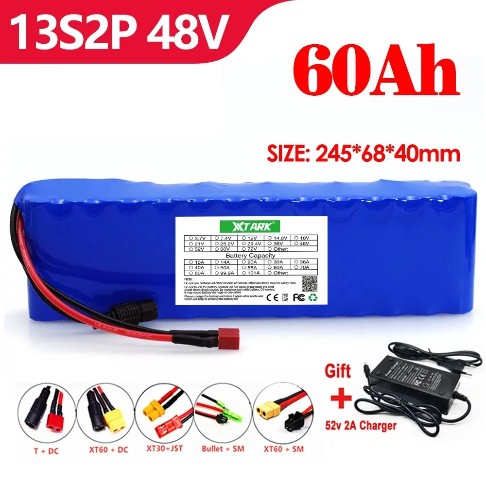 

E-bike battery 48V 60Ah 18650 lithium ion battery pack 13S2P bike conversion kit bafang 1000w and 54.6V2A Charger + XT60/DC Plug