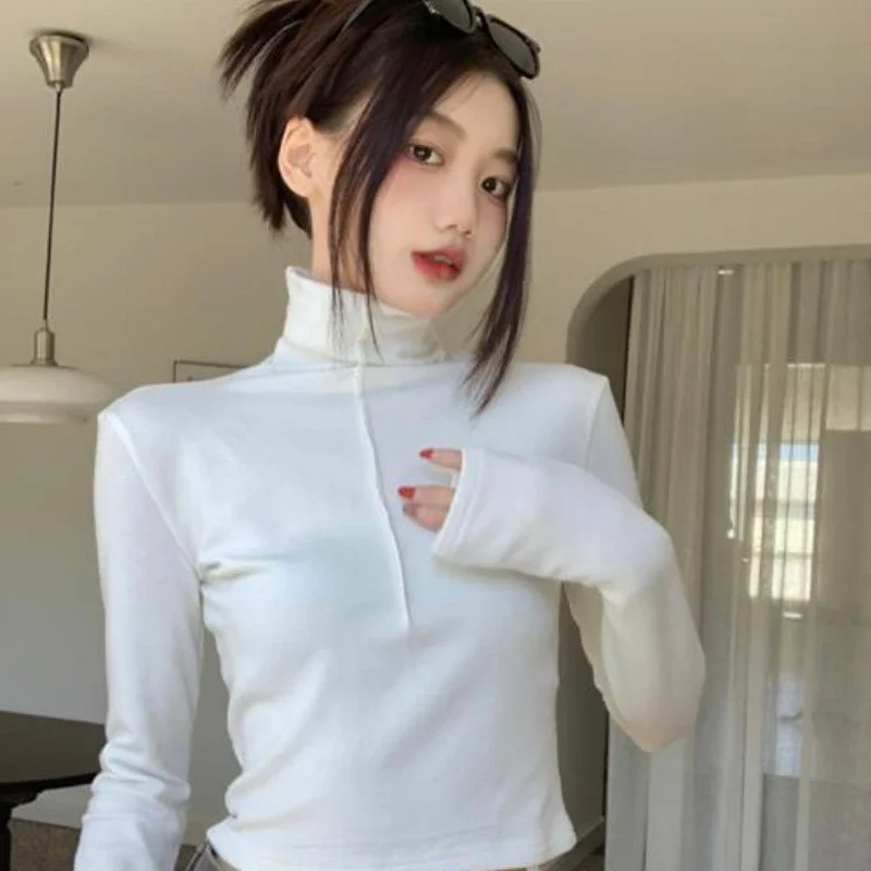 Turtleneck Long-sleeved T-shirt Women Autumn and Winter New Solid Bottoming Shirt Slim Short Versatile Tops Female