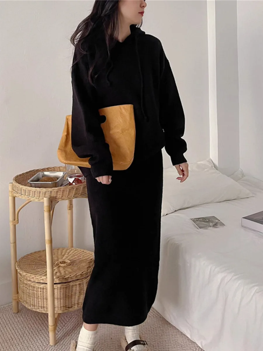Jupe ample bureau dame Pull décontracté Pull Femme 2025 coréen Pull décontracté femmes ensemble à capuche solide deux pièces haut tricoté