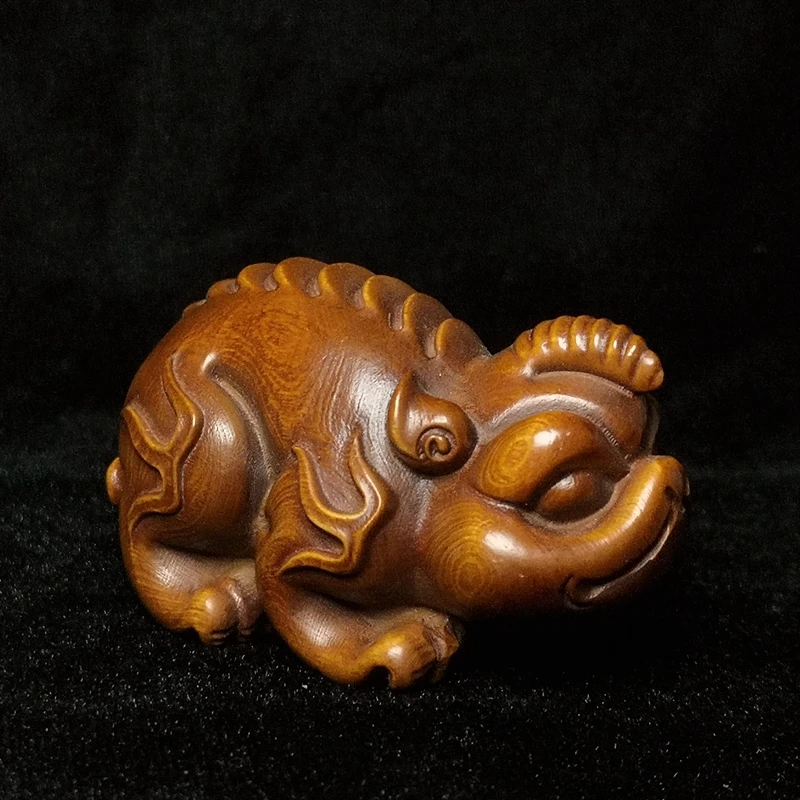 

1919 Antique art Size 2.7 Inch Old Chinese boxwood Hand carved Pi Xiu unicorn Figurine Statue Netsuke Decoration Gift Collection