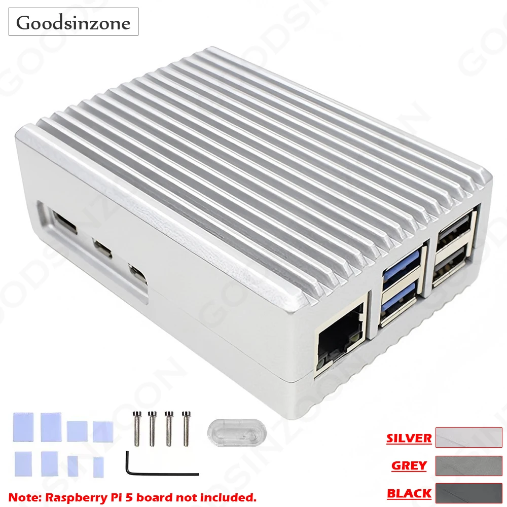 Raspberry Pi 5 Aluminum Heatsink Case - Passive Cooling Metal Shell with Power Button (3 Colors)