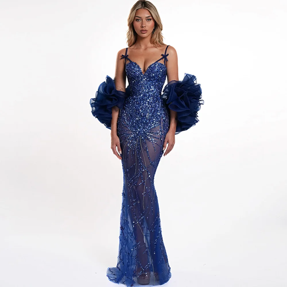 Customized Sequined Homecoming Dresses with Shawl Sexy Spaghetti Straps Mermaid Celebrity Gowns See Through Tulle Evening Dress