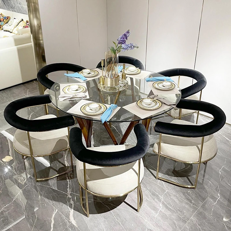 

Modern luxury dining room furniture set Italian design round glass tabletop dining table