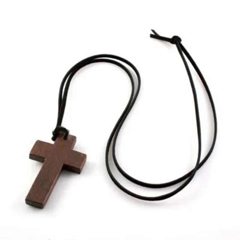 Fashion New Retro Men Women Brown Cross Pendant Christian Religious Wooden Wood Long Chain Sweater Necklaces