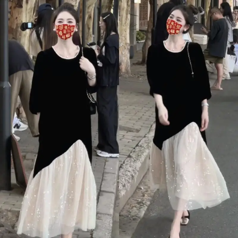 2026년 신모델 스타일리시 고급 플러스 사이즈 스팽글 메쉬 스플라이싱 센세이셔널 럭셔리 기품을 보여주는 점프수트 스커트