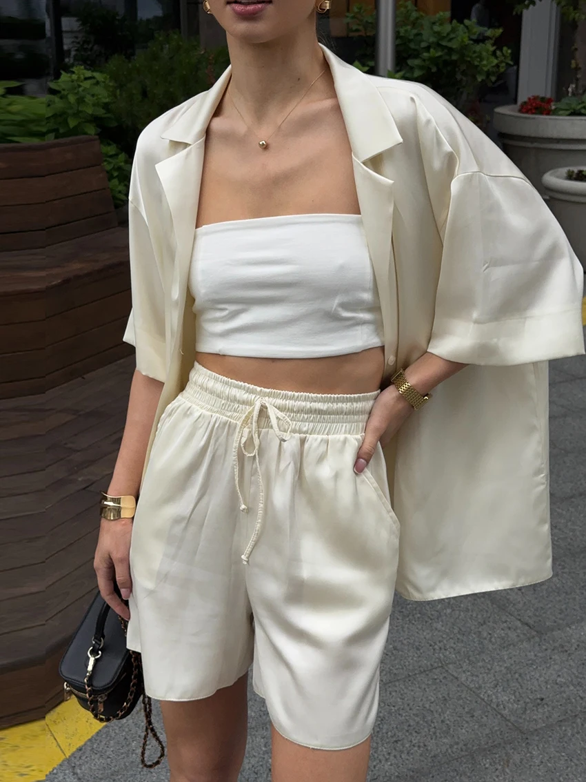 Marthaqiqi Loose Ladies Nightgowns Suit Turn-Down Collar Sleepwear Half Sleeve Pajama Shorts Casual Female Nightwear 2 Piece Set