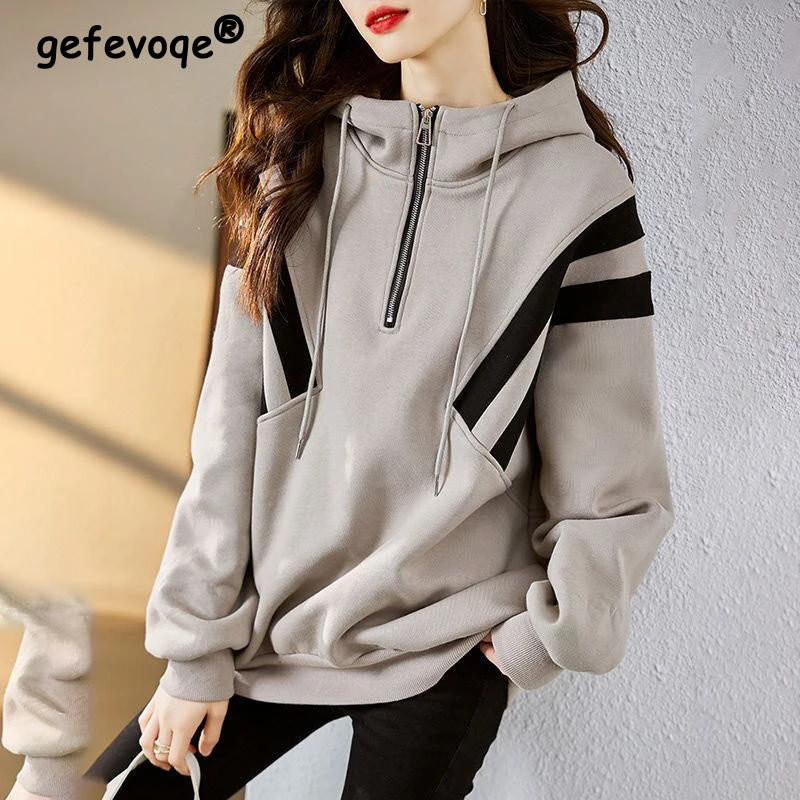 

Women Korean Fashion Patchwork Casual Streetwear Hooded Sweatshirts Autumn Winter Fleece Warm Long Sleeve Loose Pullover Hoodies