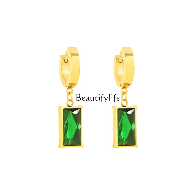 Premium green zircon earrings prevent titanium steel light luxury niche earrings