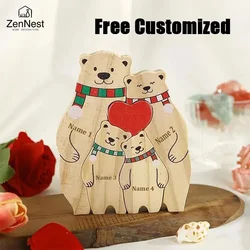 Christmas Wooden Bear Puzzle Family Cute Bear Ornament Carved Name Winter Home Ornament Personalized Ornament Gift for Mother