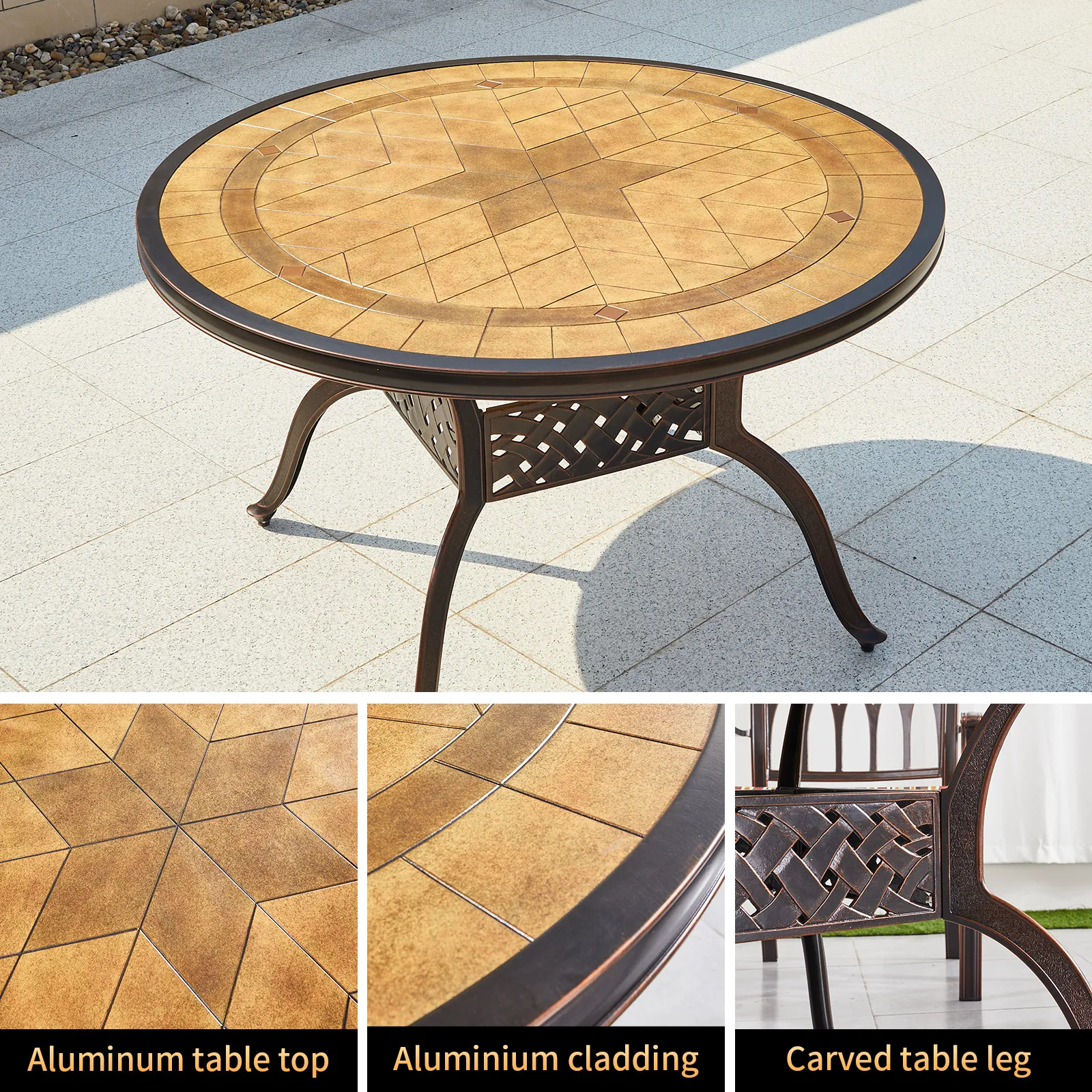 Tile Patio Table Aluminum Frame Outdoor Table Bistro Table All Weather Garden Table Faux Wood Grain Backyard Table Dining Table