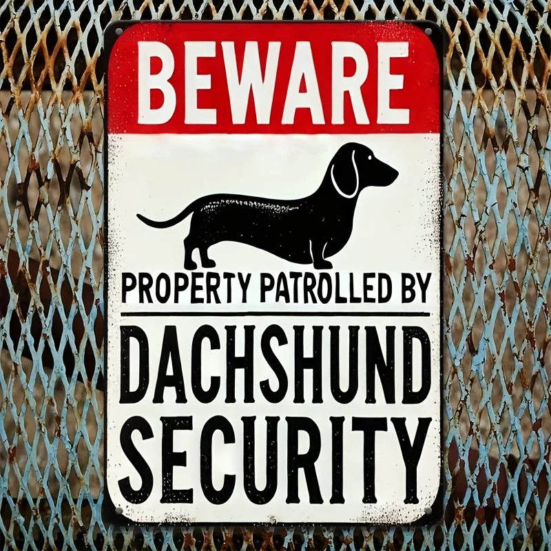 Señal de advertencia de seguridad de perro salchicha vintage: metal de hierro, propiedad patrulada por tema de seguridad de perro salchicha, humorística y agresiva