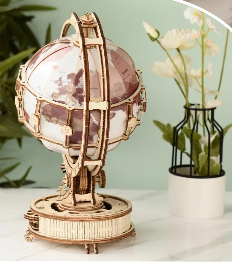 Wooden Globe 3D Puzzle Wood Craft Ornament  With Light Wooden Constructor Model Building Block For Birthday Gift for Kids