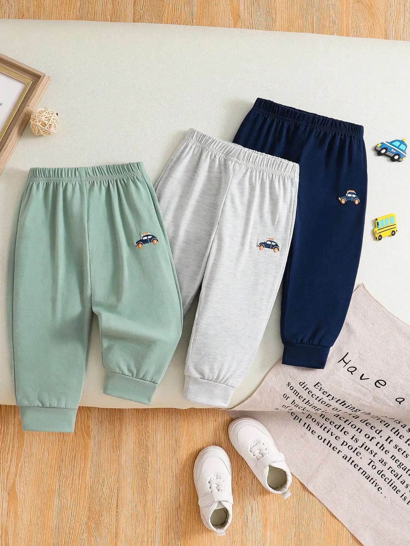 

3-Pack Kids Casual Jogger Pants with Car Embroidery, Soft Cotton Blend, for Daily Wear