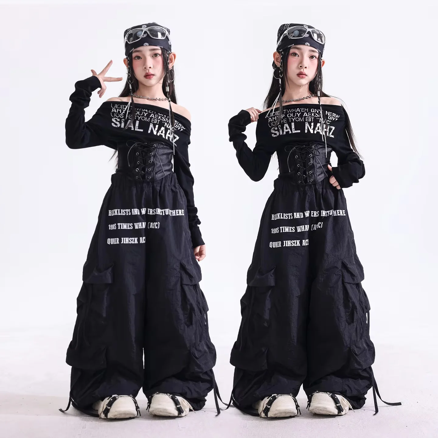Girls K-pop Off Shoulder Top and Black Letter Cargo Pants Set Hip Hop Jazz Dance Streetwear 2 Piece Outfit Child Group Costume