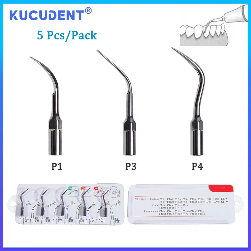 KUCUDENT 5 Pcs Dental Ultrasonic Scaler Tip Scaling Periodontics Endodontics P1 P3 P4 Tip Fit For EMS/Woodpecker Dentistry Tool