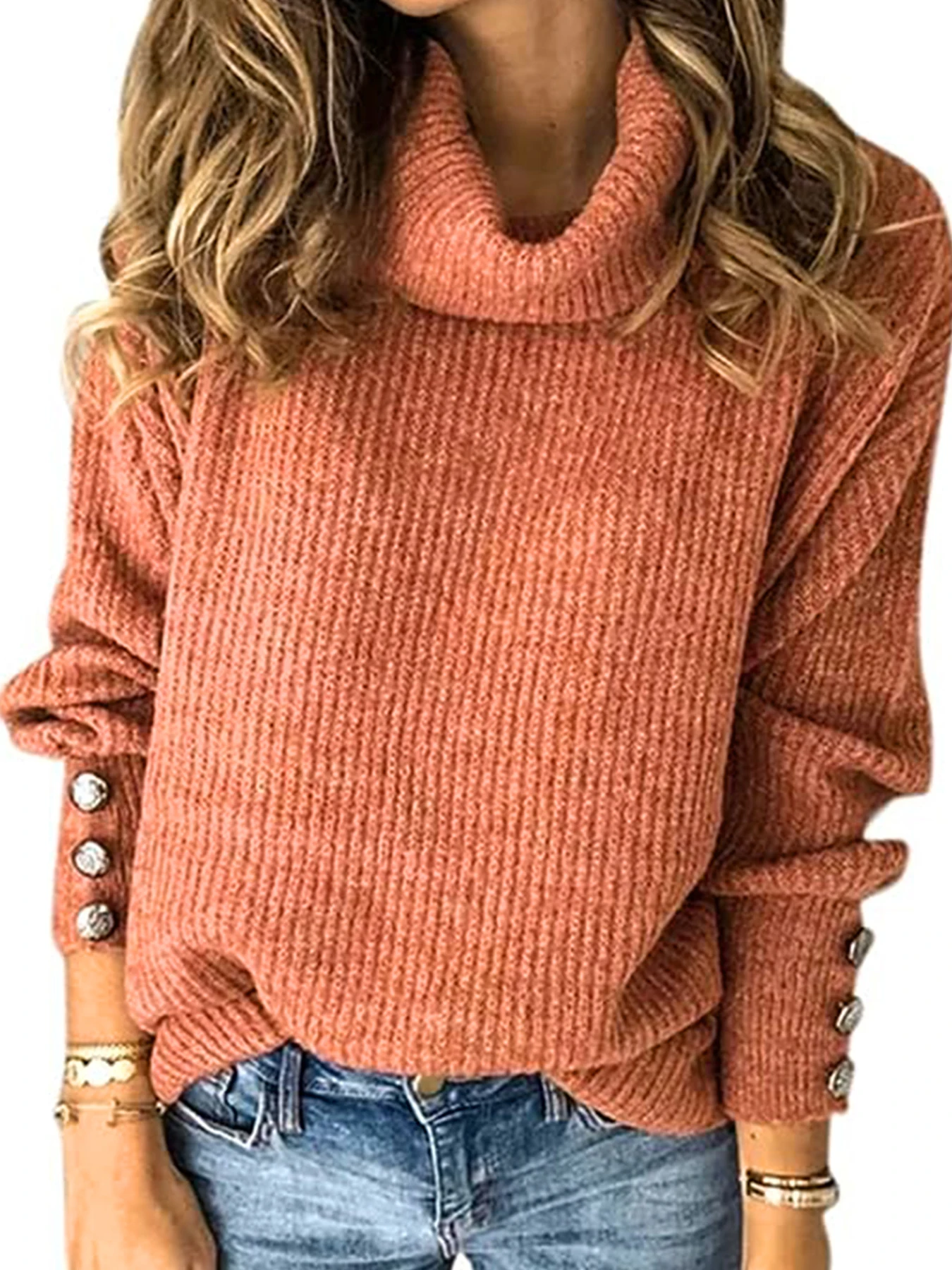 Solid Turtle Neck Pullover Sweater, Casual Long Sleeve Button Sweater For Fall & Winter, Women\'s Clothing