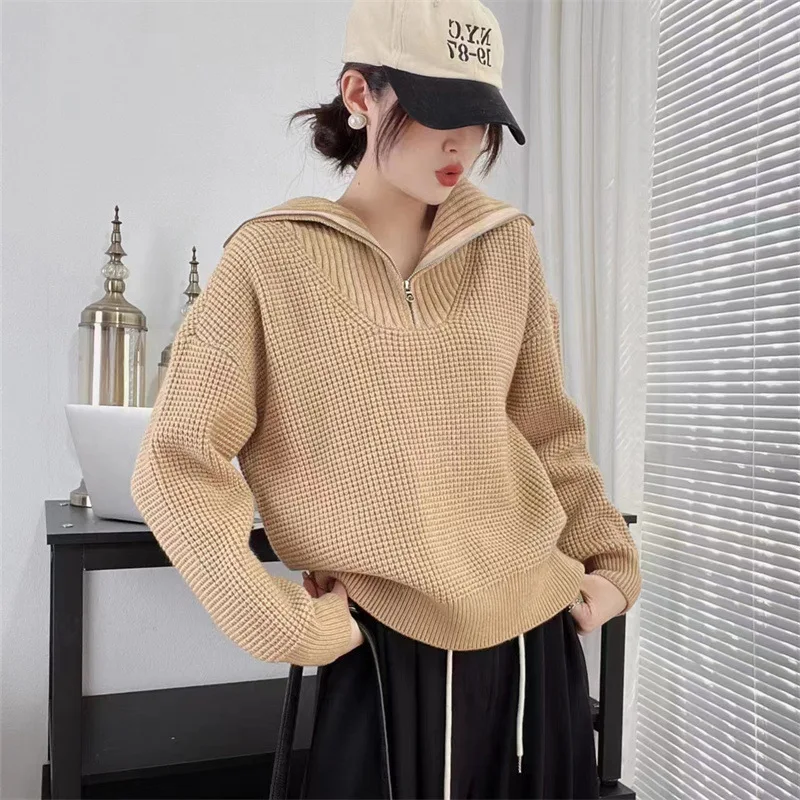 

100% Pure Cashmere Sweater Women's New Autumn and Winter Polo Collar Solid Color Short Knitted Sweater with Loose Sweater A228