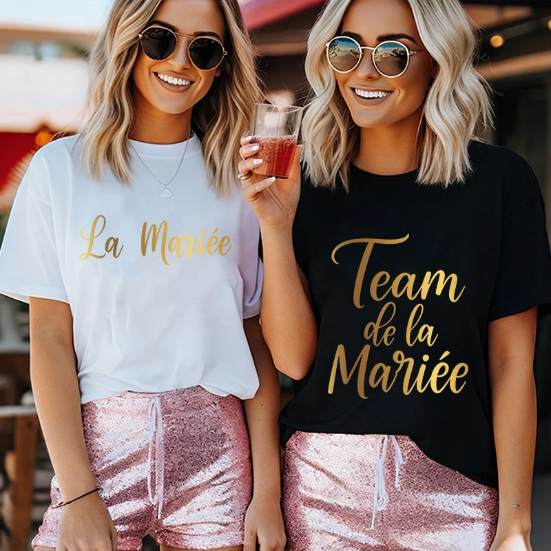 French Bachelorette EVJF Party T-Shirts Future Bride Team Gold Foil Print O Neck Short Sleeve Graphic Tees for Bridal Shower