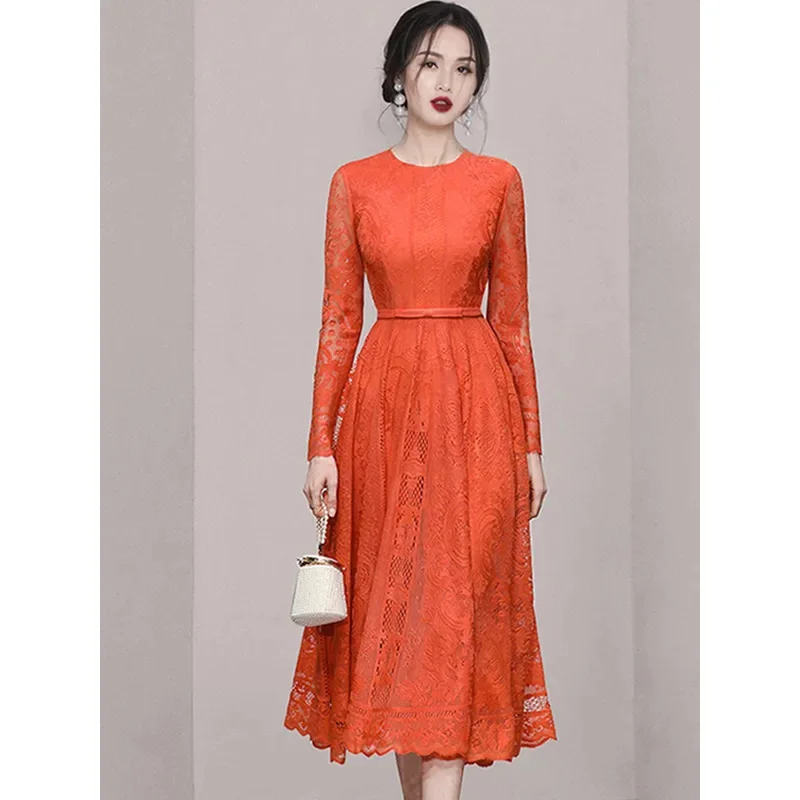 

Women new fashion temperament long sleeve lace hollow out dress spring o-neck slim waist big swing A-line long dresses