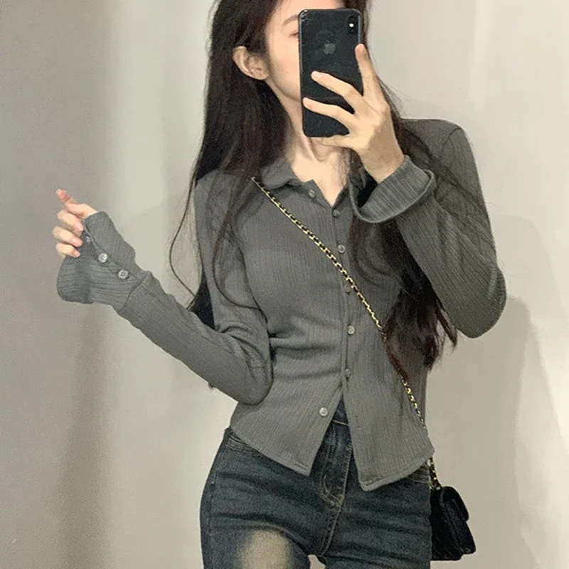 Korean Striped Shirt Women Slim Solid Button Flared Sleeve Gray Top High Street Skinny Basic Office Lady Harajuku School Blouses