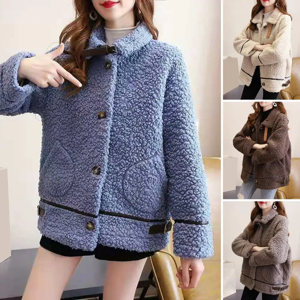 Abrigo de felpa de ajuste Regular para mujer, Chaqueta de felpa elegante con bolsillos de felpa, decoración de cinturón, cálido para frío, Invierno