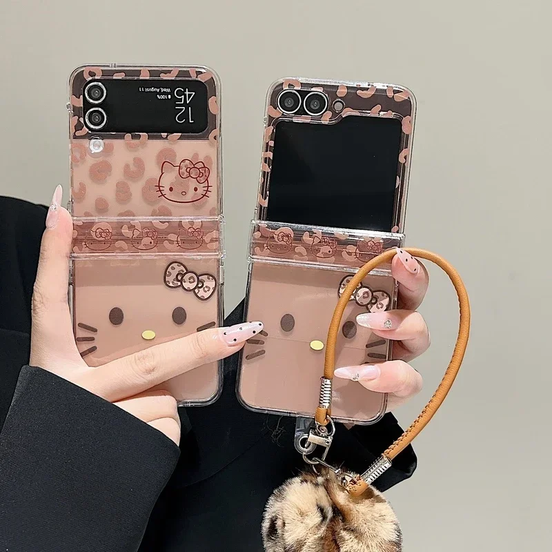 Cute cartoon Sanrio Hello Kitty Leopard Print Phone Case For Samsung Galaxy Z Flip 6 5 4 3 Cases Soft TPU Cover With Lanyard