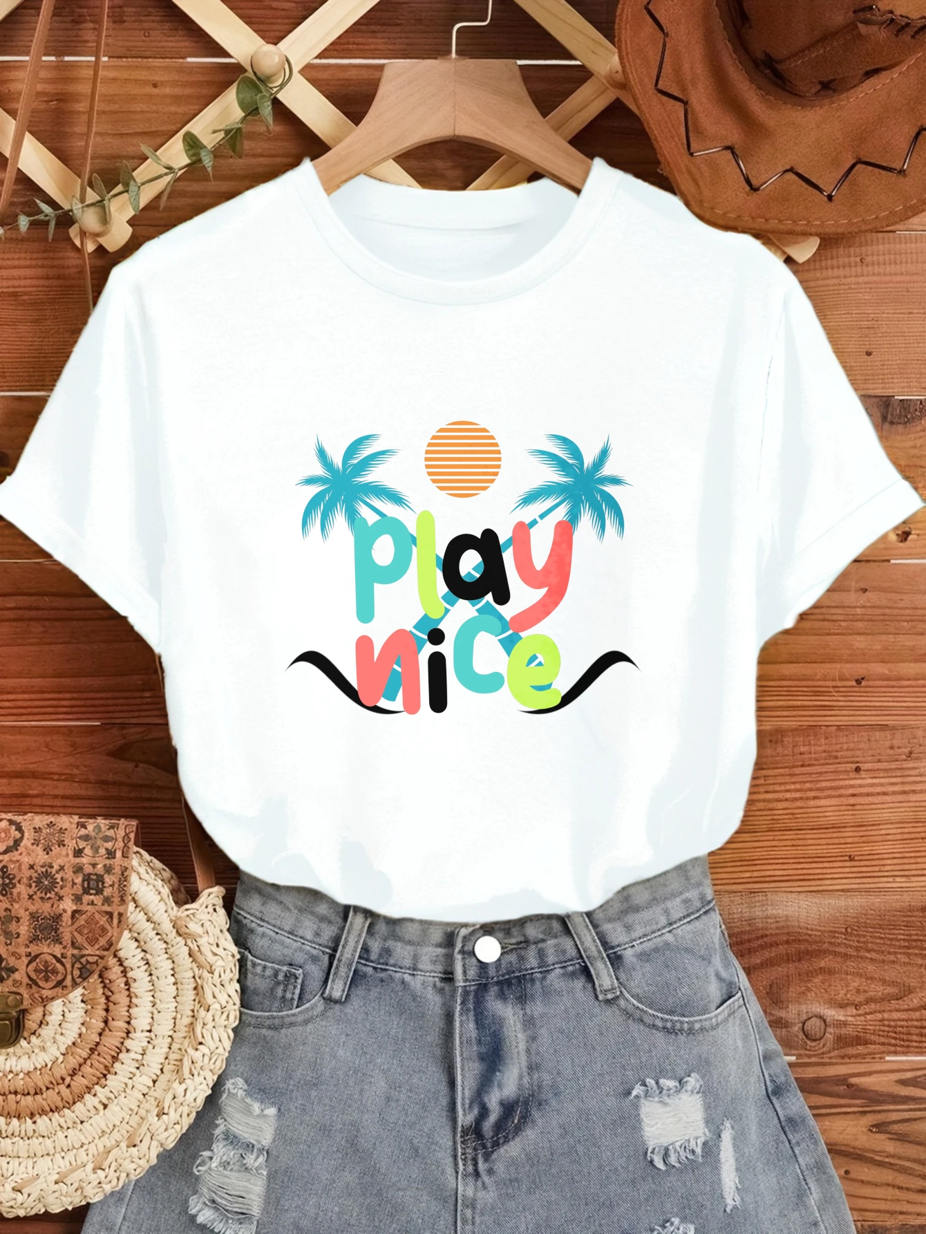 

Women's T-shirts Chinese style 90s vintage clothes shirts & blouses Casual 100% cotton Play Nice Palm Trees printed tee t shirt
