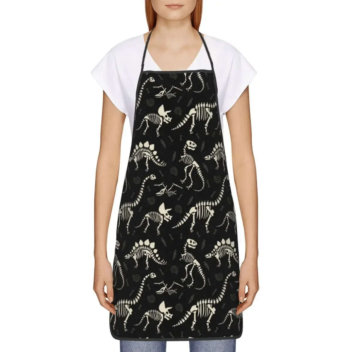 Funny Dinosaur Fossils Apron for Men Women Dino Skeleton Adult Unisex Kitchen Chef Bib Tablier Cuisine Cooking Baking Painting