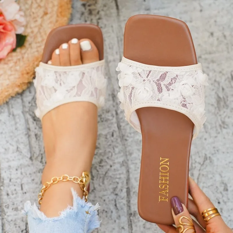 

Women's Sandals Square Toe Slip-On Slides Floral Applique Lace Look Upper Open Toe Casual Vacation Beach Footwear Daily Outdoor