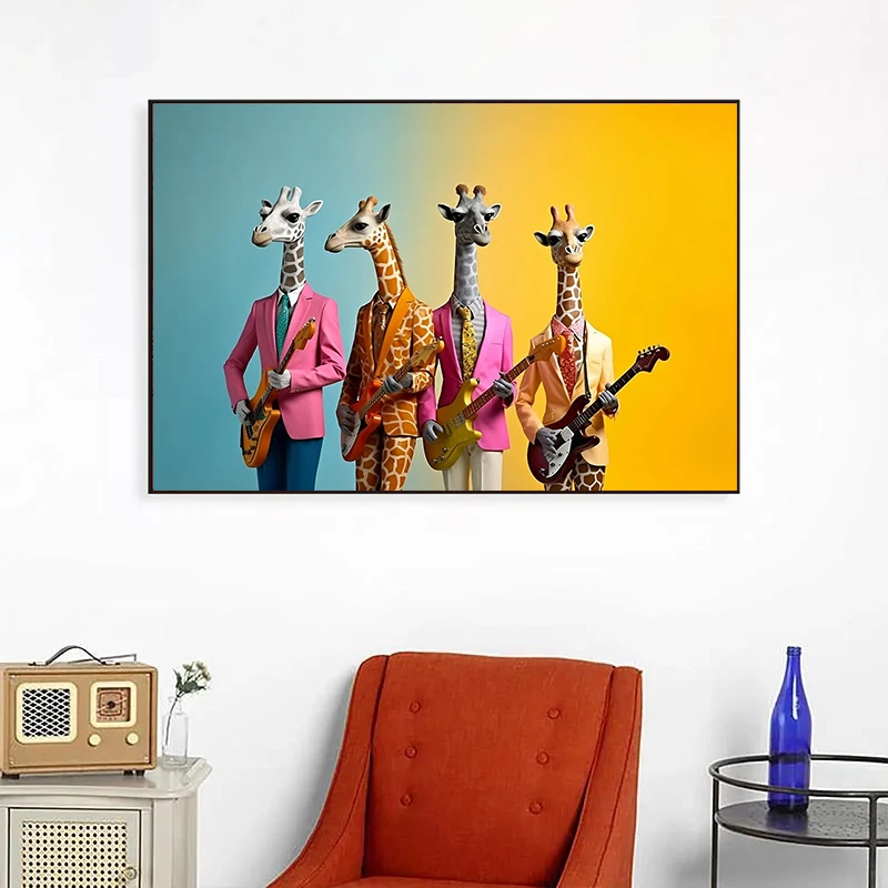 Cool Giraffe Gorilla Rock Band Canvas Poster Print Animal Wall Art Painting Modern Colorful Picture Living Room Decor No Frame