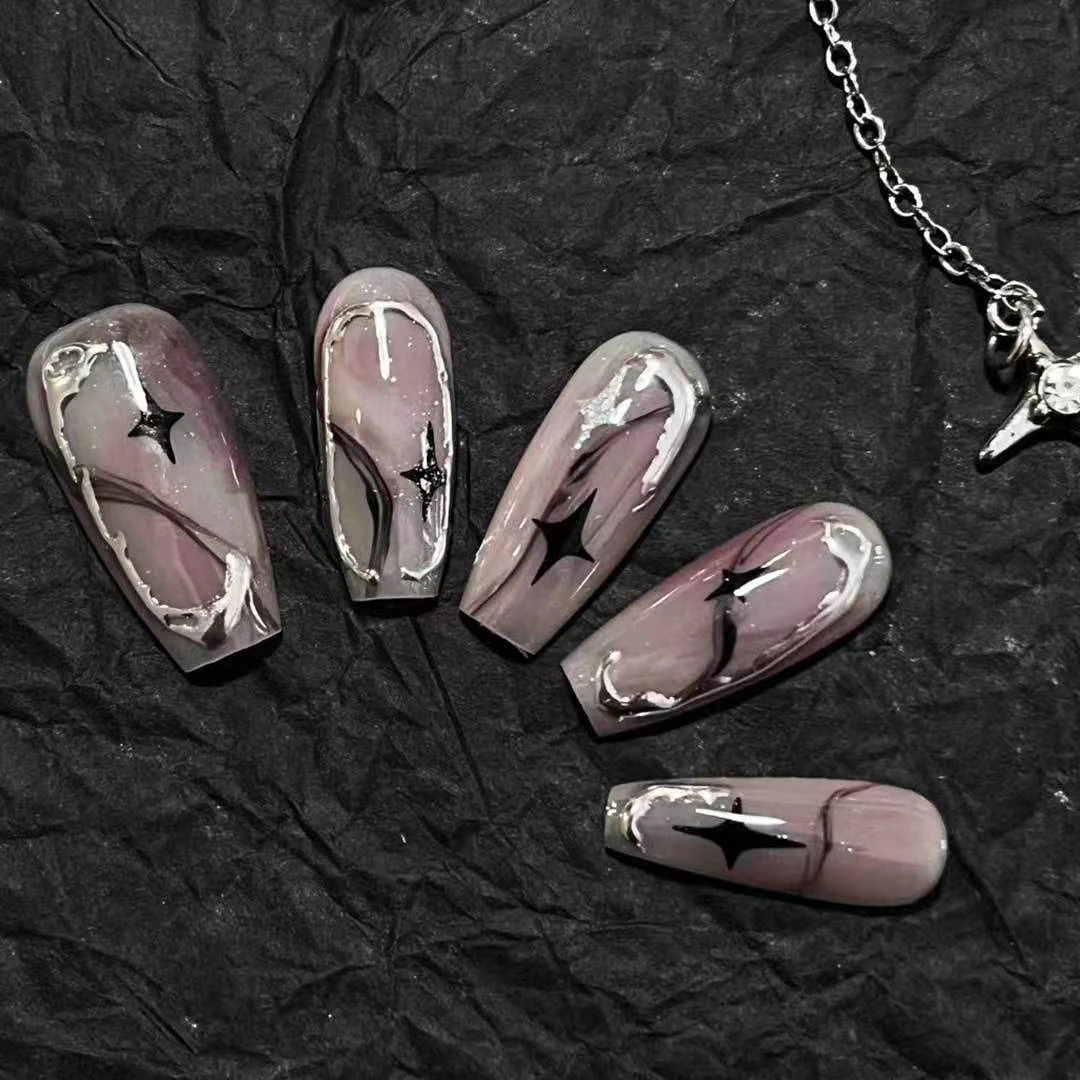 10Pcs Black Handmade Press on Nails Set French Tips Metal Cool Fake Nails Purple Coffin Full Cover Manicuree Wearable Nail Tips