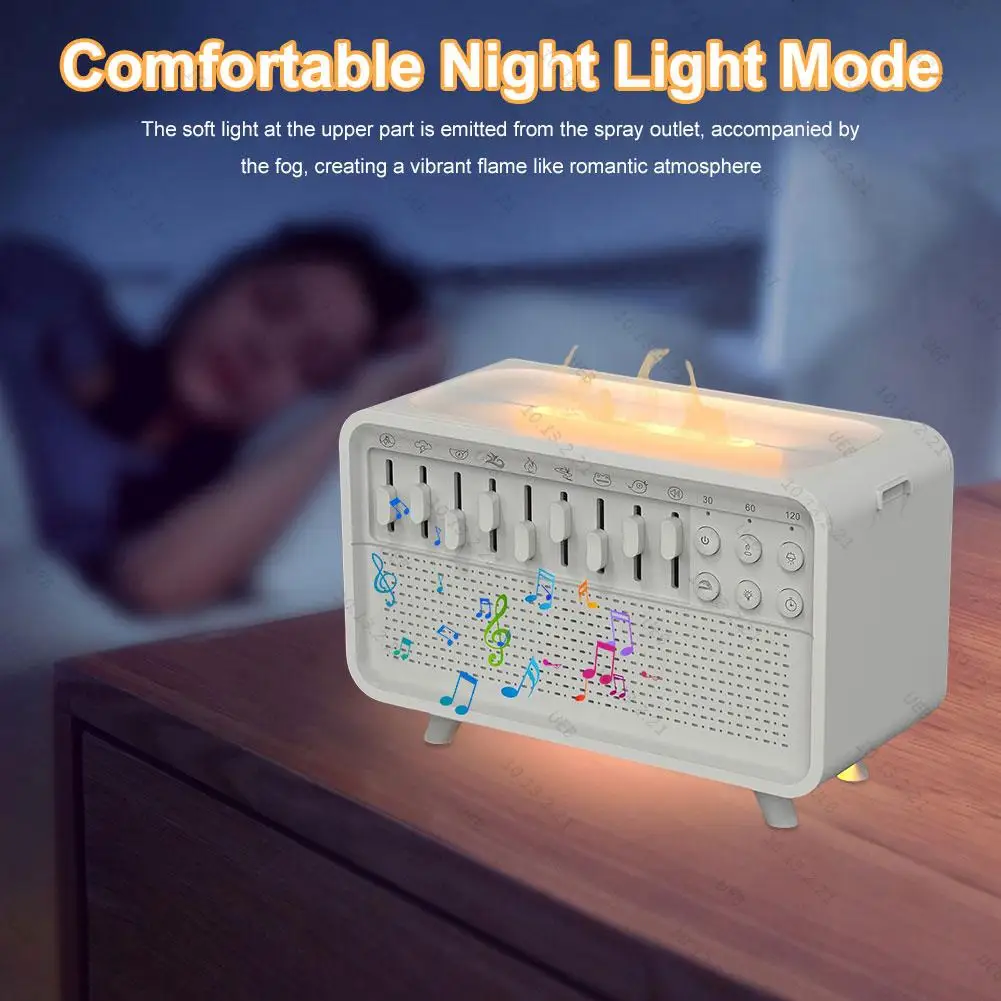 White Noise Sound Machine Flame Air Diffuser Humidifier with 8 Nature Sounds BT Speaker Night Light Aroma Diffuser for Bedroom